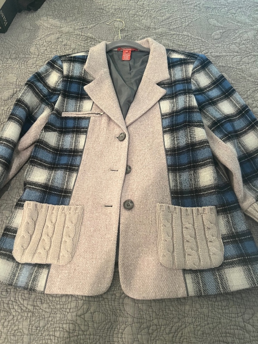Sundance Plaid Wool Blend TwoTone Buttoned Jacket Size 12 w/ Sweater Trim